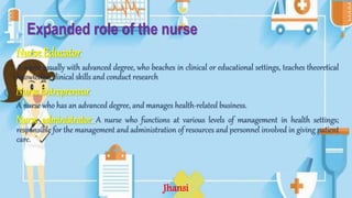 Expanded role of the nurse
Nurse Educator
A nurse usually with advanced degree, who beaches in clinical or educational settings, teaches theoretical
knowledge, clinical skills and conduct research
Nurse Entrepreneur
A nurse who has an advanced degree, and manages health-related business.
Nurse administrator A nurse who functions at various levels of management in health settings;
responsible for the management and administration of resources and personnel involved in giving patient
care.
Jhansi
 