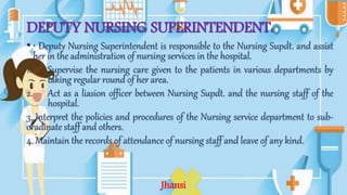 DEPUTY NURSING SUPERINTENDENT:
• • Deputy Nursing Superintendent is responsible to the Nursing Supdt. and assist
her in the administration of nursing services in the hospital.
1. Supervise the nursing care given to the patients in various departments by
taking regular round of her area.
2. Act as a liasion officer between Nursing Supdt. and the nursing staff of the
hospital.
3. Interpret the policies and procedures of the Nursing service department to sub-
oradinate staff and others.
4. Maintain the records of attendance of nursing staff and leave of any kind.
Jhansi
 