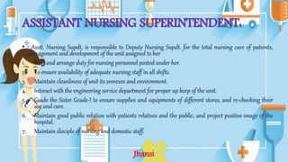 ASSISTANT NURSING SUPERINTENDENT:
• • Asstt. Nursing Supdt, is responsible to Deputy Nursing Supdt. for the total nursing care of patients,
management and development of the unit assigned to her
1. Plan and arrange duty for nursing personnel posted under her.
2. To ensure availability of adequate nursing staff in all shifts.
3. Maintain cleanliness of unit its annexes and environment.
4. Interact with the engineering service department for proper up keep of the unit.
5. Guide the Sister Grade-I to ensure supplies and equipments of different stores, and re-checking their
use and care.
6. Maintain good public relation with patients relatives and the public, and project positive image of the
hospital.
7. Maintain disciple of nursing and domestic staff.
Jhansi
 