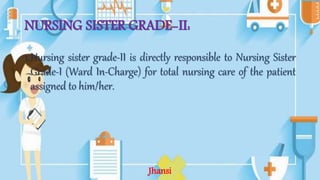 NURSING SISTER GRADE-II:
1.Nursing sister grade-II is directly responsible to Nursing Sister
Grade-I (Ward In-Charge) for total nursing care of the patient
assigned to him/her.
Jhansi
 