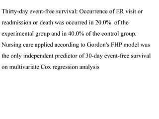 Thirty-day event-free survival: Occurrence of ER visit or
readmission or death was occurred in 20.0% of the
experimental group and in 40.0% of the control group.
Nursing care applied according to Gordon's FHP model was
the only independent predictor of 30-day event-free survival
on multivariate Cox regression analysis
 