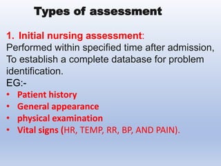 1. Initial nursing assessment:
Performed within specified time after admission,
To establish a complete database for problem
identification.
EG:-
• Patient history
• General appearance
• physical examination
• Vital signs (HR, TEMP, RR, BP, AND PAIN).
Types of assessment
 