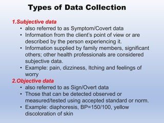 1.Subjective data
• also referred to as Symptom/Covert data
• Information from the client’s point of view or are
described by the person experiencing it.
• Information supplied by family members, significant
others; other health professionals are considered
subjective data.
• Example: pain, dizziness, Itching and feelings of
worry
2.Objective data
• also referred to as Sign/Overt data
• Those that can be detected observed or
measured/tested using accepted standard or norm.
• Example: diaphoresis, BP=150/100, yellow
discoloration of skin
Types of Data Collection
 