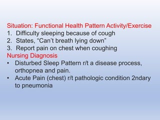 Situation: Functional Health Pattern Activity/Exercise
1. Difficulty sleeping because of cough
2. States, “Can’t breath lying down”
3. Report pain on chest when coughing
Nursing Diagnosis
• Disturbed Sleep Pattern r/t a disease process,
orthopnea and pain.
• Acute Pain (chest) r/t pathologic condition 2ndary
to pneumonia
 