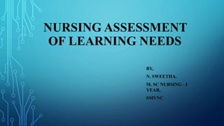 NURSING ASSESSMENT
OF LEARNING NEEDS:
BY,
N. SWEETHA.
M. SC NURSING - I
YEAR,
SMVNC.
 