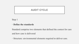AUDIT CYCLE
Step 1
• Define the standards
Standard comprise two elements that defined the contest for care
and how care is delivered
• Structure: environmental elements required to deliver care.
 