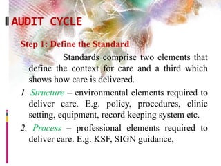 AUDIT CYCLE
Step 1: Define the Standard
 Standards comprise two elements that
define the context for care and a third which
shows how care is delivered.
1. Structure – environmental elements required to
deliver care. E.g. policy, procedures, clinic
setting, equipment, record keeping system etc.
2. Process – professional elements required to
deliver care. E.g. KSF, SIGN guidance,
 