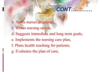 CONT…………
b. States nurses diagnosis,
c. Writes nursing orders,
d. Suggests immediate and long term goals,
e. Implements the nursing care plan,
f. Plans health teaching for patients,
g. Evaluates the plan of care,
 