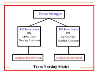 Nurse Manager



   RN Team Leader              RN Team Leader
         RN                         RN
     LPNs/LVNs                  LPNs/LVNs
   Nursing Assistants         Nursing Assistants




Assigned Patient Group       Assigned Patient Group


               Team Nursing Model
 