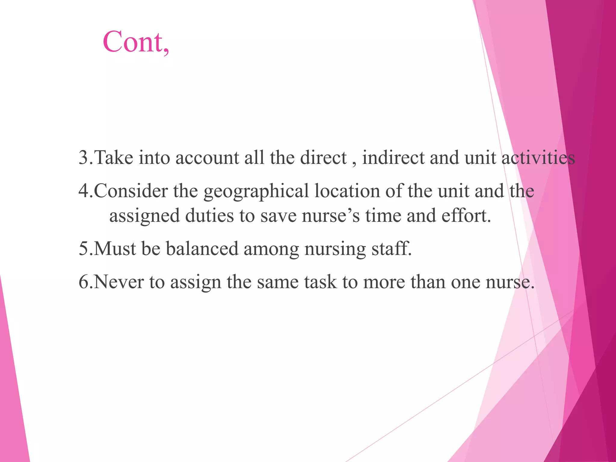 Cont,
3.Take into account all the direct , indirect and unit activities
4.Consider the geographical location of the unit and the
assigned duties to save nurse’s time and effort.
5.Must be balanced among nursing staff.
6.Never to assign the same task to more than one nurse.
 