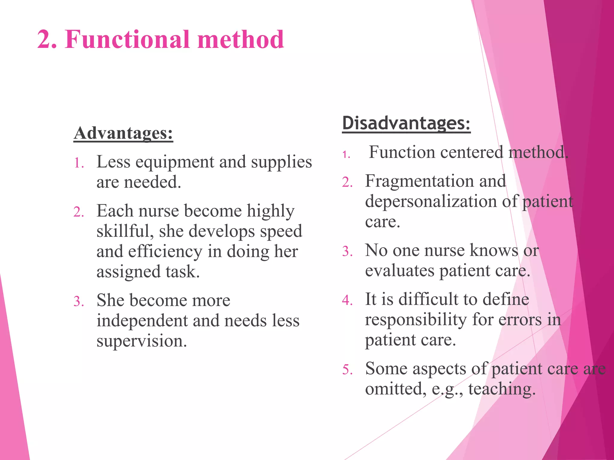 2. Functional method
Advantages:
1. Less equipment and supplies
are needed.
2. Each nurse become highly
skillful, she develops speed
and efficiency in doing her
assigned task.
3. She become more
independent and needs less
supervision.
Disadvantages:
1. Function centered method.
2. Fragmentation and
depersonalization of patient
care.
3. No one nurse knows or
evaluates patient care.
4. It is difficult to define
responsibility for errors in
patient care.
5. Some aspects of patient care are
omitted, e.g., teaching.
 