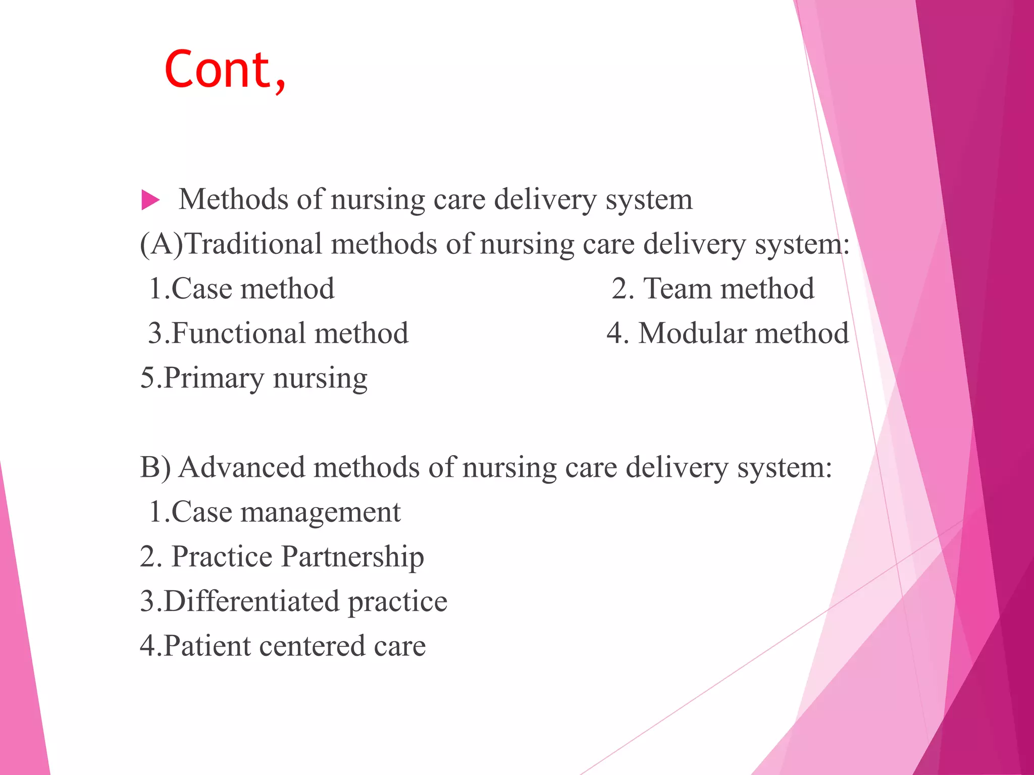 Cont,
 Methods of nursing care delivery system
(A)Traditional methods of nursing care delivery system:
1.Case method 2. Team method
3.Functional method 4. Modular method
5.Primary nursing
B) Advanced methods of nursing care delivery system:
1.Case management
2. Practice Partnership
3.Differentiated practice
4.Patient centered care
 