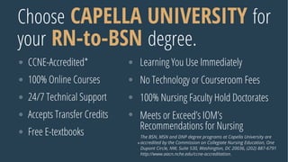 CCNE-Accredited*
100% Online Courses
24/7 Technical Support
Accepts Transfer Credits
Free E-textbooks
Learning You Use Immediately
No Technology or Courseroom Fees
100% Nursing Faculty Hold Doctorates
Meets or Exceed’s IOM’s
Recommendations for Nursing
Choose CAPELLA UNIVERSITY for
your RN-to-BSN degree.
The BSN, MSN and DNP degree programs at Capella University are
accredited by the Commission on Collegiate Nursing Education, One
Dupont Circle, NW, Suite 530, Washington, DC 20036, (202) 887-6791
http://www.aacn.nche.edu/ccne-accreditation.
*
 