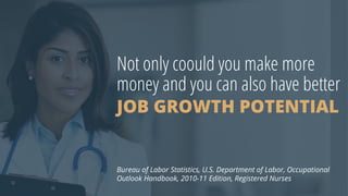 Not only coould you make more
money and you can also have better
Bureau of Labor Statistics, U.S. Department of Labor, Occupational
Outlook Handbook, 2010-11 Edition, Registered Nurses
JOB GROWTH POTENTIAL
 