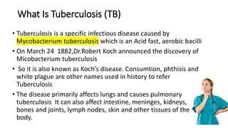 What Is Tuberculosis (TB)
• Tuberculosis is a specific infectious disease caused by
Mycobacterium tuberculosis which is an Acid fast, aerobic bacilli
• On March 24 1882,Dr.Robert Koch announced the discovery of
Micobacterium tuberculosis
• So it is also known as Koch’s disease. Consumtion, phthisis and
white plague are other names used in history to refer
Tuberculosis
• The disease primarily affects lungs and causes pulmonary
tuberculosis It can also affect intestine, meninges, kidneys,
bones and joints, lymph nodes, skin and other tissues of the
body.
 