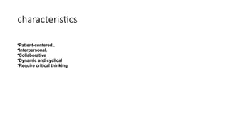 characteristics
•Patient-centered..
•Interpersonal.
•Collaborative
•Dynamic and cyclical
•Require critical thinking
 
