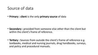 Source of data
• Primary : client is the only primary source of data
• Secondary : provided from someone else other than the client but
within the client’s frame of reference.
• Tertiary : Sources from outside the client’s frame of reference e.g.
textbooks, medical and nursing journals, drug handbooks, surveys,
and policy and procedural manuals.
 