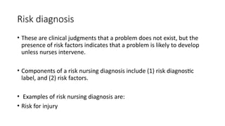 Risk diagnosis
• These are clinical judgments that a problem does not exist, but the
presence of risk factors indicates that a problem is likely to develop
unless nurses intervene.
• Components of a risk nursing diagnosis include (1) risk diagnostic
label, and (2) risk factors.
• Examples of risk nursing diagnosis are:
• Risk for injury
 