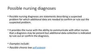 Possible nursing diagnoses
• Possible nursing diagnoses are statements describing a suspected
problem for which additional data are needed to confirm or rule out the
suspected problem.
• It provides the nurse with the ability to communicate with other nurses
that a diagnosis may be present but additional data collection is indicated
to rule out or confirm the diagnosis.
• Examples include:
• Possible chronic low self-esteem
 