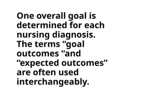 One overall goal is
determined for each
nursing diagnosis.
The terms “goal
outcomes “and
“expected outcomes”
are often used
interchangeably.
 