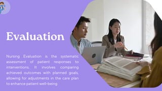 Nursing Evaluation is the systematic
assessment of patient responses to
interventions. It involves comparing
achieved outcomes with planned goals,
allowing for adjustments in the care plan
to enhance patient well-being
Evaluation
 
