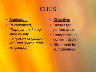 CUESSubjective:Pt verbalized, “Kapoyan na ko ug lihok oy kay hangoson ra gihapon ko”  and “pirme man ko gikapoy”Objective:Decreased performanceCompromised concentrationDisinterest in surroundings