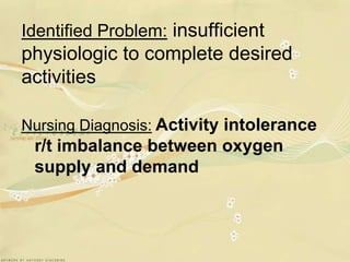 Identified Problem: insufficient physiologic to complete desired activities Nursing Diagnosis:Activity intolerance r/t imbalance between oxygen supply and demand