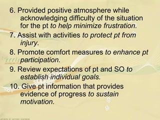 6. Provided positive atmosphere while acknowledging difficulty of the situation for the pt to help minimize frustration.7. Assist with activities to protect pt from injury.8. Promote comfort measures to enhance pt participation.9. Review expectations of pt and SO to establish individual goals.10. Give pt information that provides evidence of progress to sustain motivation.