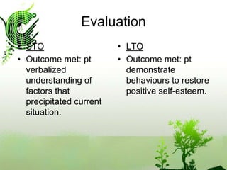 EvaluationSTOOutcome met: pt verbalized understanding of factors that precipitated current situation.LTOOutcome met: pt demonstrate behaviours to restore positive self-esteem.