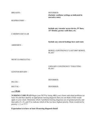 BREASTS - DEFERRED.
RESPIRATORY –
(Include ventilator settings as indicated in
narrative note)
CARDIOVASCULAR
Include any vascular access device, IV lines,
AV fistulas, perma -cath lines, etc.
ABDOMEN –
.
Include any enteral feedings here and route
BOWEL CONTINENCE? LAST BM? BOWEL
PLAN?
MUSCULOSKELETAL -
GENITOURINARY -
URINARY CONTINENCE? TOILETING
PLAN?
PELVIC -
DEFERRED.
RECTAL - DEFERRED.
....../ 10 pts
NURSING CARE PLAN Begin your NCP by listing ALL your clients individual problems (at
least 10) and then identify an appropriate nursing diagnosis that you can think of that would
apply to your client. Determine which 3 problems/nursing diagnoses are of greatest priority and
then add a #1, #2, and #3 to indicate which of the two have highest priority. Risks would not be
priority 1, 2, or 3!!!!!
Expectation is to have at least 10 nursing diagnosis listed!
 