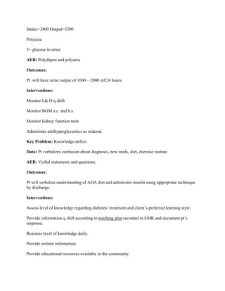 Intake=3800 Output=3200
Polyuria
3+ glucose in urine
AEB: Polydipsia and polyuria
Outcomes:
Pt. will have urine output of 1000 – 2000 ml/24 hours.
Interventions:
Monitor I & O q shift.
Monitor BGM a.c. and h.s.
Monitor kidney function tests
Administer antihyperglycemics as ordered.
Key Problem: Knowledge deficit
Data: Pt verbalizes confusion about diagnosis, new meds, diet, exercise routine
AEB: Verbal statements and questions.
Outcomes:
Pt will verbalize understanding of ADA diet and administer insulin using appropriate technique
by discharge.
Interventions:
Assess level of knowledge regarding diabetes/ treatment and client’s preferred learning style.
Provide information q shift according to teaching plan recorded in EMR and document pt’s
response.
Reassess level of knowledge daily.
Provide written information.
Provide educational resources available in the community.
 