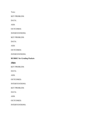 Tests:
KEY PROBLEM:
DATA:
AEB:
OUTCOMES:
INTERVENTIONS:
KEY PROBLEM:
DATA:
AEB:
OUTCOMES:
INTERVENTIONS:
RUBRIC for Grading Packets
/60pts
KEY PROBLEM:
DATA:
AEB:
OUTCOMES:
INTERVENTIONS:
KEY PROBLEM:
DATA:
AEB:
OUTCOMES:
INTERVENTIONS:
 
