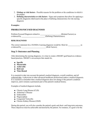 2. Etiology or risk factors - Possible reasons for the problem or the conditions in which it
developed
3. Defining characteristics or risk factors - Signs and symptoms that allow for applying a
specific diagnostic label/used in the place of defining characteristics for risk nursing
diagnosis
Examples:
PROBLEM-FOCUSED DIAGNOSIS
Problem-Focused Diagnosis related to ______________________ (Related Factors) as
evidenced by _________________________ (Defining Characteristics).
RISK DIAGNOSIS
The correct statement for a NANDA-I nursing diagnosis would be: Risk for _____________ as
evidenced by __________________________ (Risk Factors).
Step 3: Outcomes and Planning
After determining the nursing diagnosis, it is time to create a SMART goal based on evidence-
based practices. SMART is an acronym that stands for,
 Specific
 Measurable
 Achievable
 Relevant
 Time-Bound
It is essential to take into account the patient's medical diagnosis, overall condition, and all
collected data. A physician or other advanced healthcare professional makes a medical diagnosis.
It is essential to remember that a medical diagnosis does not change if the patient's condition
improves, and it remains a permanent part of the patient's medical history.
Examples of medical diagnosis include,
 Chronic Lung Disease (CLD)
 Alzheimer’s Disease
 Endocarditis
 Plagiocephaly
 Congenital Torticollis
 Chronic Kidney Disease (CKD)
During this period, you will also consider the patient's goals and short- and long-term outcomes.
These objectives must be achievable and desired by the patient. For instance, if a goal is for the
 