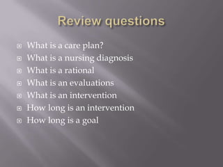    What is a care plan?
   What is a nursing diagnosis
   What is a rational
   What is an evaluations
   What is an intervention
   How long is an intervention
   How long is a goal
 