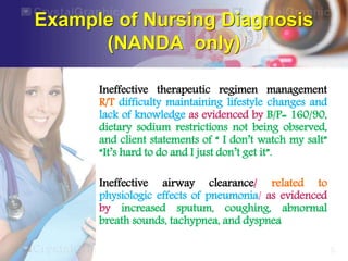 Example of Nursing Diagnosis
(NANDA only)
Ineffective therapeutic regimen management
R/T difficulty maintaining lifestyle changes and
lack of knowledge as evidenced by B/P= 160/90,
dietary sodium restrictions not being observed,
and client statements of “ I don’t watch my salt”
“It’s hard to do and I just don’t get it”.
Ineffective airway clearance/ related to
physiologic effects of pneumonia/ as evidenced
by increased sputum, coughing, abnormal
breath sounds, tachypnea, and dyspnea
 