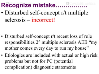 Recognize mistake…………….
• Disturbed self-concept r/t multiple
sclerosis – incorrect!
• Disturbed self-concept r/t recent loss of role
responsibilities 2° multiple sclerosis AEB “my
mother comes every day to run my house”
• Etiologies are included with actual or high risk
problems but not for PC (potential
complication) diagnostic statements
 