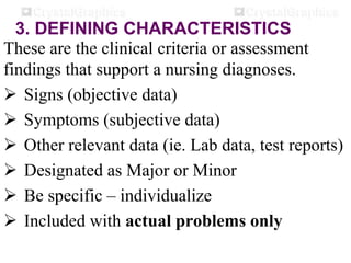 3. DEFINING CHARACTERISTICS
These are the clinical criteria or assessment
findings that support a nursing diagnoses.
 Signs (objective data)
 Symptoms (subjective data)
 Other relevant data (ie. Lab data, test reports)
 Designated as Major or Minor
 Be specific – individualize
 Included with actual problems only
 