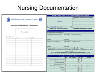 Nursing Documentation Nursing documentation review group Assessment Form & Discharge Care Plan 2 month Pilot now completed Pre & Post pilot documentation audits Post pilot evaluation 