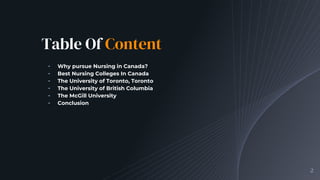 Table Of Content
╺ Why pursue Nursing in Canada?
╺ Best Nursing Colleges In Canada
╺ The University of Toronto, Toronto
╺ The University of British Columbia
╺ The McGill University
╺ Conclusion
2
 