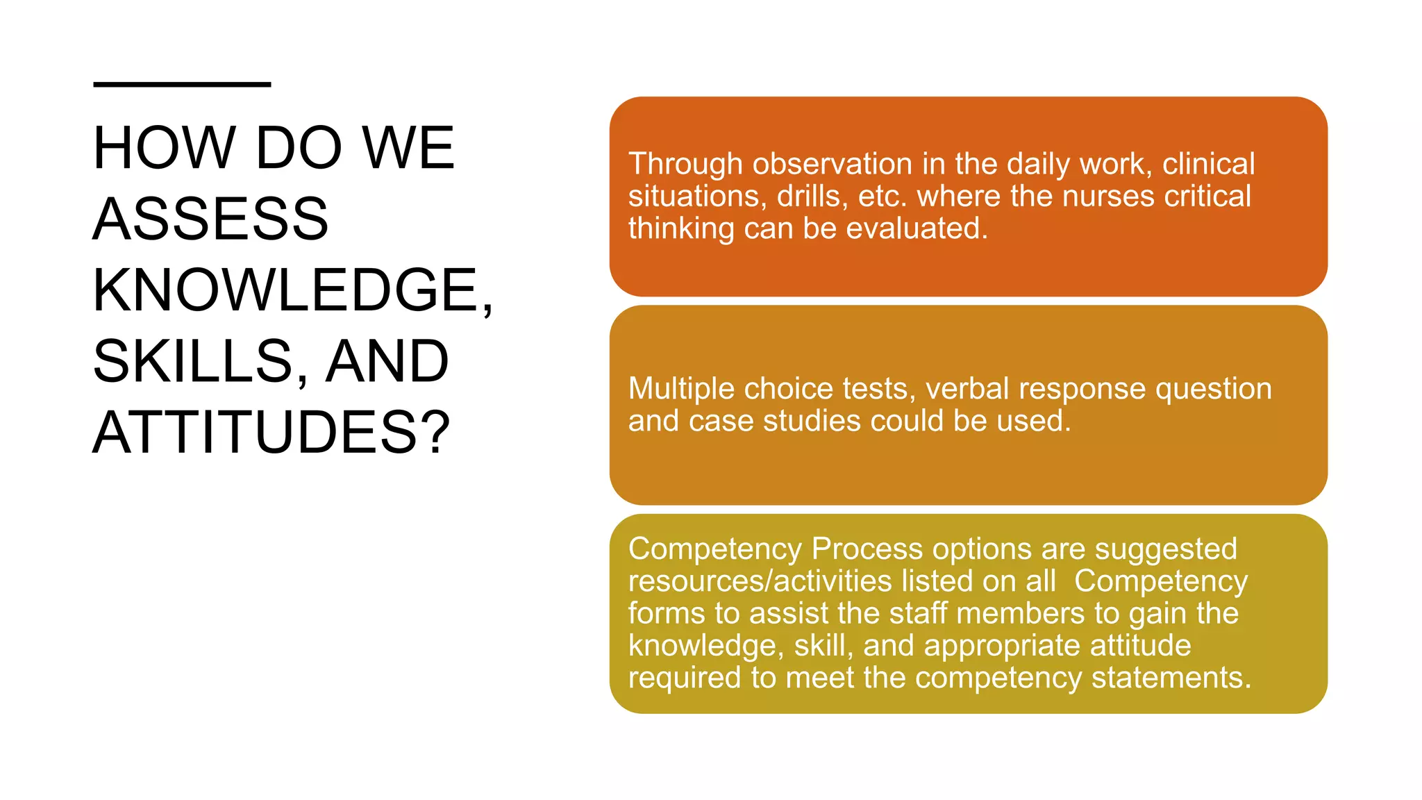 HOW DO WE
ASSESS
KNOWLEDGE,
SKILLS, AND
ATTITUDES?
Through observation in the daily work, clinical
situations, drills, etc. where the nurses critical
thinking can be evaluated.
Multiple choice tests, verbal response question
and case studies could be used.
Competency Process options are suggested
resources/activities listed on all Competency
forms to assist the staff members to gain the
knowledge, skill, and appropriate attitude
required to meet the competency statements.
 