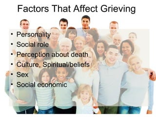 Factors That Affect Grieving
• Personality
• Social role
• Perception about death
• Culture, Spiritual/beliefs
• Sex
• Social economic
 