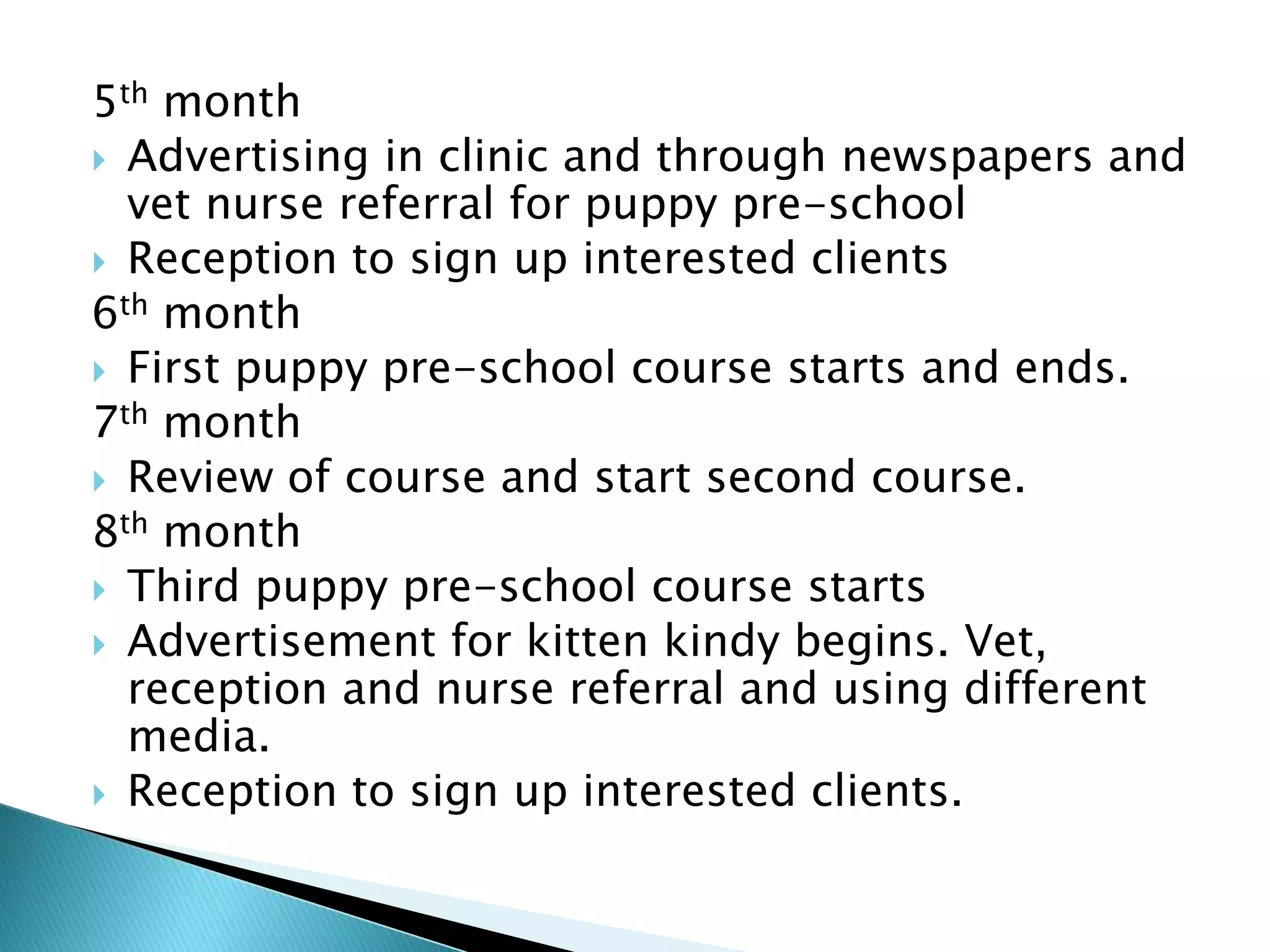 5th month
 Advertising in clinic and through newspapers and
vet nurse referral for puppy pre-school
 Reception to sign up interested clients
6th month
 First puppy pre-school course starts and ends.
7th month
 Review of course and start second course.
8th month
 Third puppy pre-school course starts
 Advertisement for kitten kindy begins. Vet,
reception and nurse referral and using different
media.
 Reception to sign up interested clients.
 