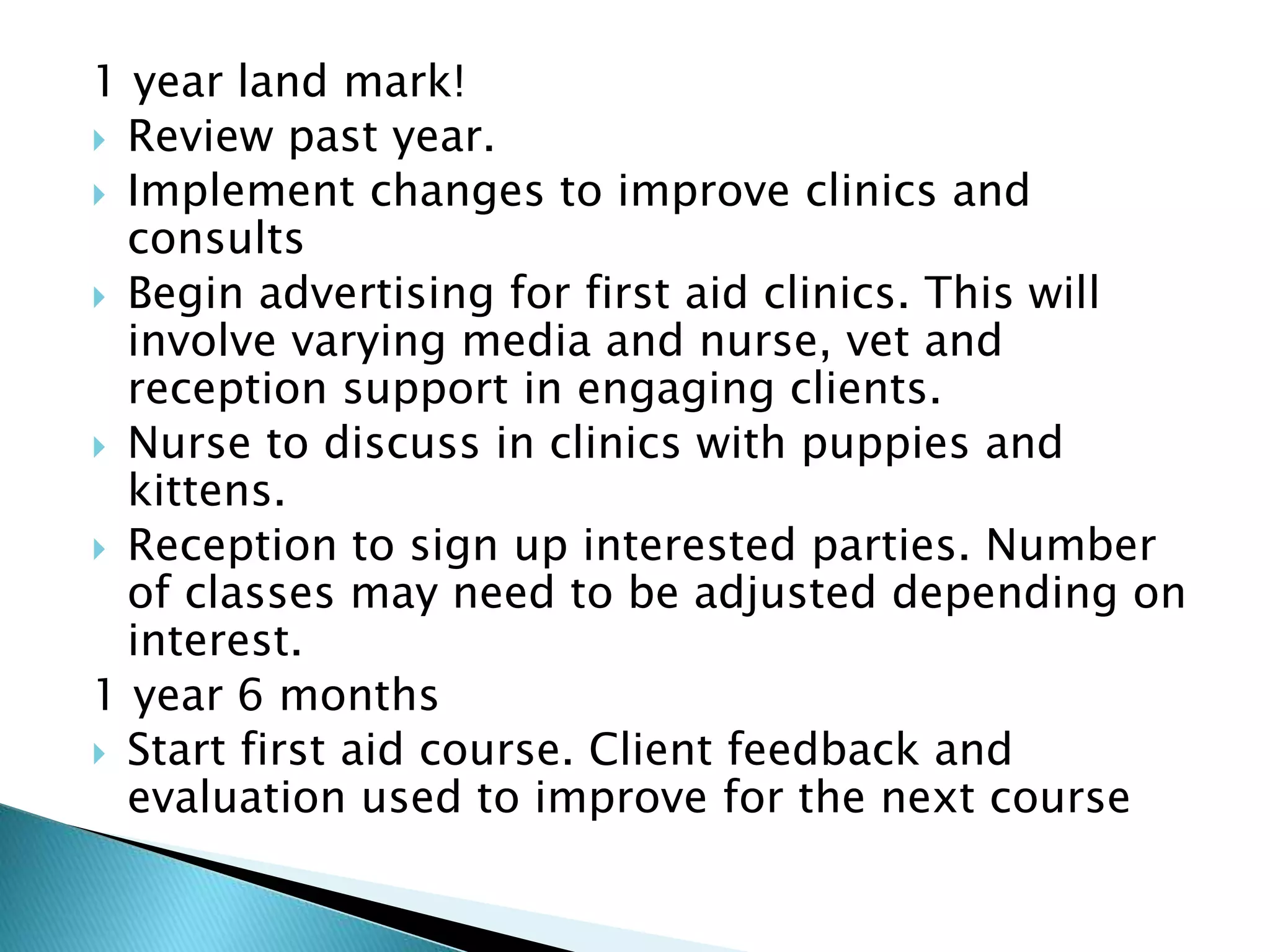 1 year land mark!
 Review past year.
 Implement changes to improve clinics and
consults
 Begin advertising for first aid clinics. This will
involve varying media and nurse, vet and
reception support in engaging clients.
 Nurse to discuss in clinics with puppies and
kittens.
 Reception to sign up interested parties. Number
of classes may need to be adjusted depending on
interest.
1 year 6 months
 Start first aid course. Client feedback and
evaluation used to improve for the next course
 
