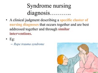 Syndrome nursing
diagnosis………..
• A clinical judgment describing a specific cluster of
nursing diagnoses that occurs together and are best
addressed together and through similar
interventions.
• Eg:
– Rape trauma syndrome
 