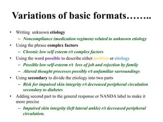 Variations of basic formats……..
• Writing unknown etiology
– Noncompliance (medication regimen) related to unknown etiology
• Using the phrase complex factors
– Chronic low self esteem r/t complex factors
• Using the word possible to describe either problem or etiology
– Possible low self-esteem r/t loss of job and rejection by family
– Altered thought processes possibly r/t unfamiliar surroundings
• Using secondary to divide the etiology into two parts
– Risk for impaired skin integrity r/t decreased peripheral circulation
secondary to diabetes
• Adding second part to the general response or NANDA label to make it
more precise
– Impaired skin integrity (left lateral ankle) r/t decreased peripheral
circulation.
 