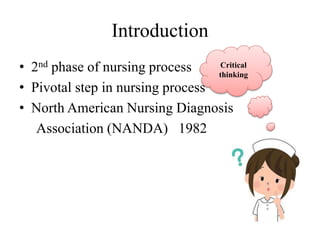 Introduction
• 2nd phase of nursing process
• Pivotal step in nursing process
• North American Nursing Diagnosis
Association (NANDA) 1982
Critical
thinking
 