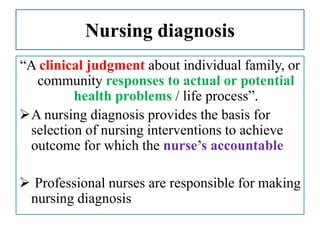 Nursing diagnosis
“A clinical judgment about individual family, or
community responses to actual or potential
health problems / life process”.
A nursing diagnosis provides the basis for
selection of nursing interventions to achieve
outcome for which the nurse’s accountable
 Professional nurses are responsible for making
nursing diagnosis
 