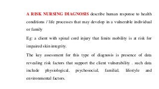 A RISK NURSING DIAGNOSIS describe human response to health
conditions / life processes that may develop in a vulnerable individual
or family
Eg: a client with spinal cord injury that limits mobility is at risk for
impaired skin integrity.
The key assessment for this type of diagnosis is presence of data
revealing risk factors that support the client vulnerability . such data
include physiological, psychosocial, familial, lifestyle and
environmental factors.
 