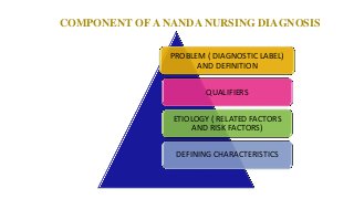 COMPONENT OF A NANDA NURSING DIAGNOSIS
PROBLEM ( DIAGNOSTIC LABEL)
AND DEFINITION
QUALIFIERS
ETIOLOGY ( RELATED FACTORS
AND RISK FACTORS)
DEFINING CHARACTERISTICS
 
