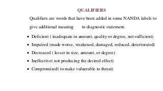 QUALIFIERS
Qualifiers are words that have been added in some NANDA labels to
give additional meaning to diagnostic statement.
• Deficient ( inadequate in amount, quality or degree, not sufficient)
• Impaired (made worse, weakened, damaged, reduced, deteriorated)
• Decreased ( lesser in size, amount, or degree)
• Ineffective( not producing the desired effect)
• Compromised( to make vulnerable to threat)
 